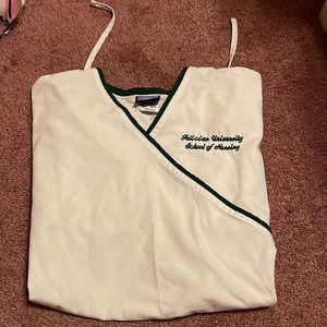 White Scrub Shirt, Size Women L, Says Felician University Nursing on left